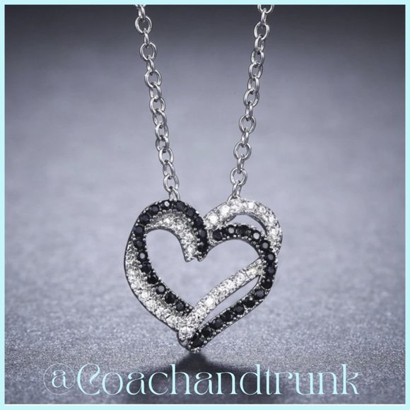 Sterling Silver Black Spinel And White CZ Stylish Double Heart Pendant Necklace - Picture 5 of 5